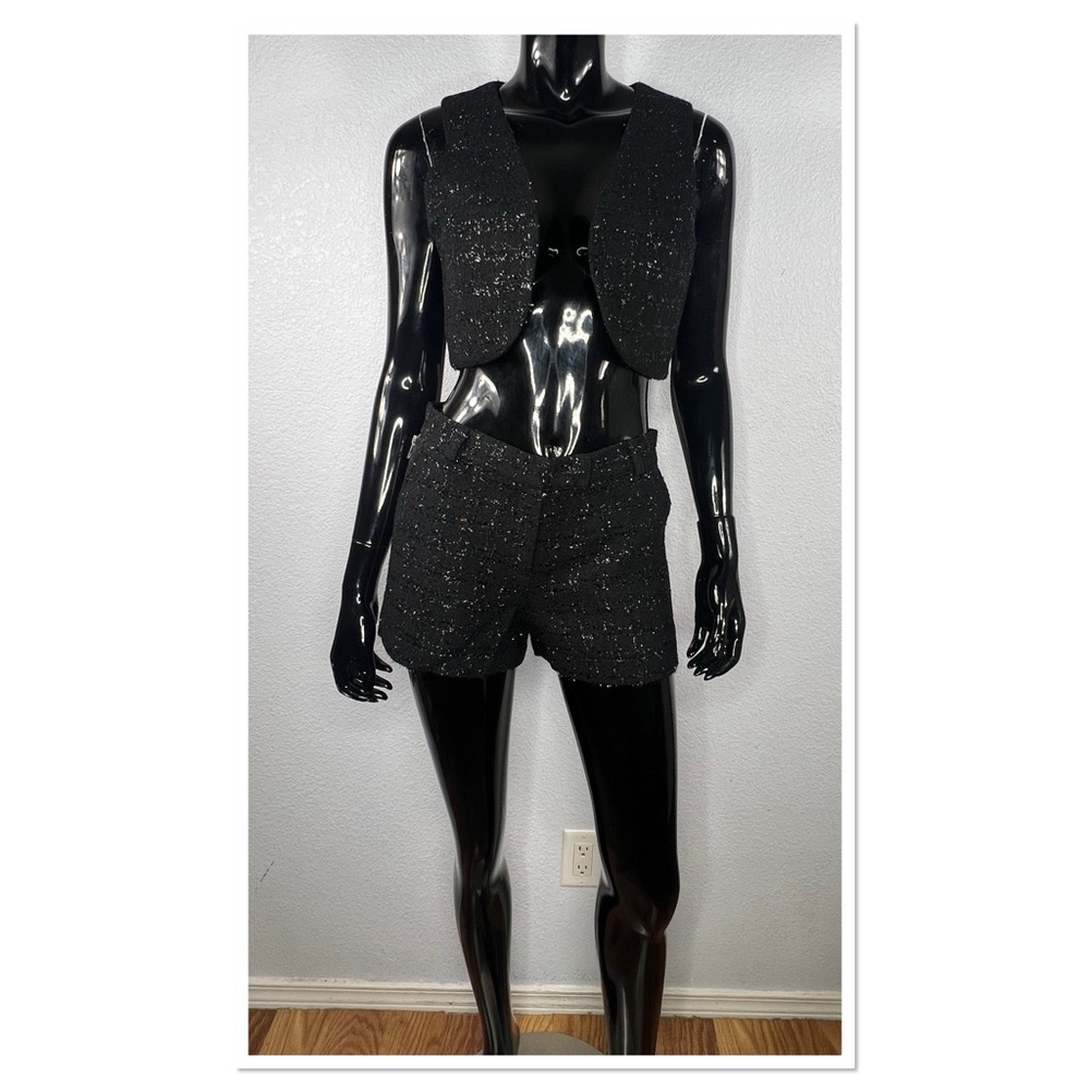 Nicky Hilton Chic Black on Black Tweed Vest and Shorts Set Wool Blend